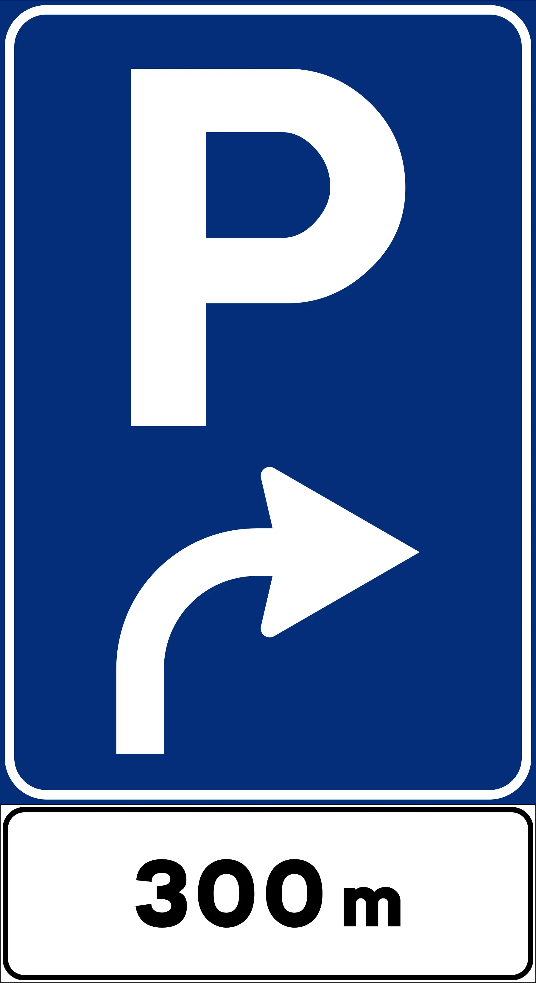 Parking ahead sign - P with directional arrow and distance